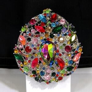 Multicolored Large Brooch Pendant, Watermelon Rhinestone Center, 3 3/4 Inches
